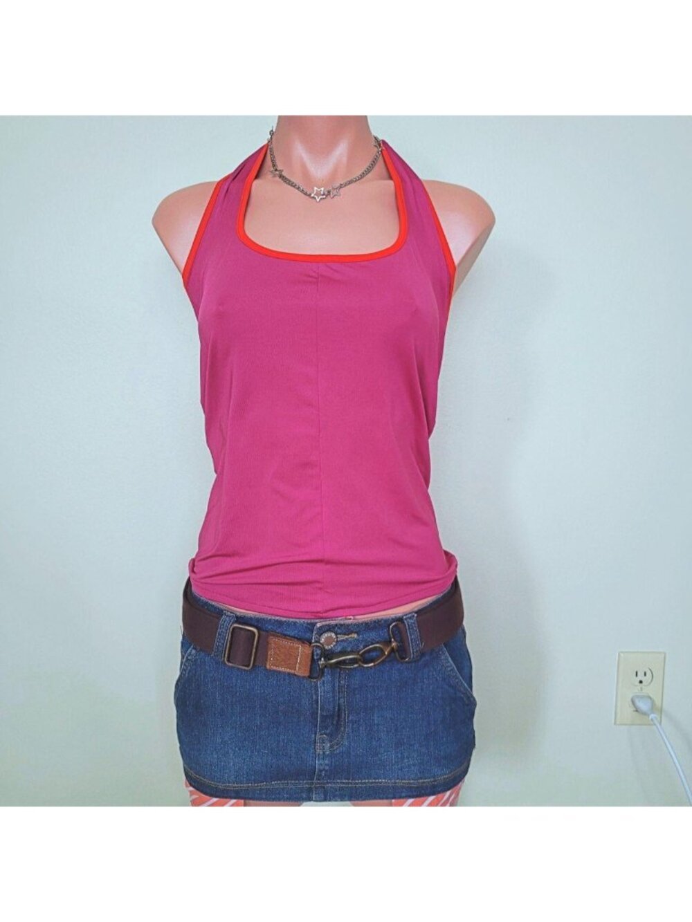 Gimaguas Y2K Purple Red Two-Tone Strappy Halter Neck Sling Top (XL)